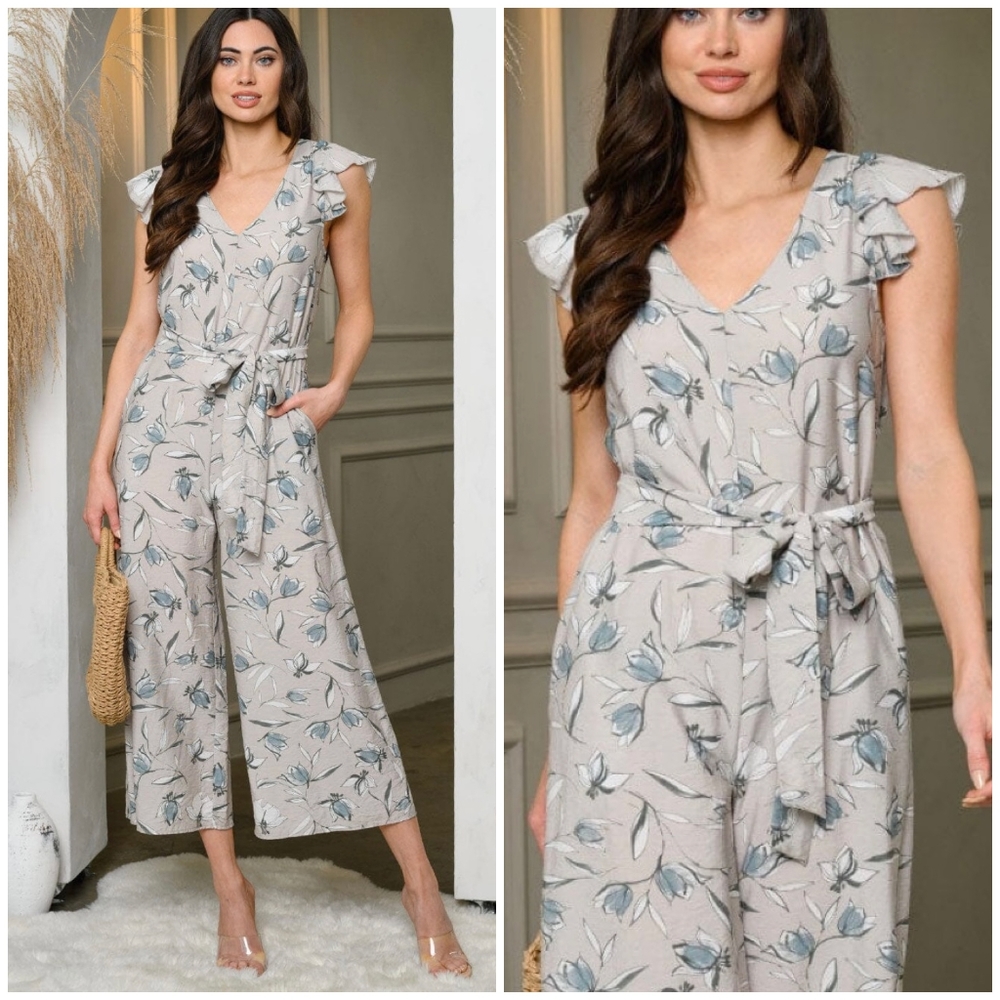 Feminine Chic Floral Gray Open Back Jumpsuit - Picture 4 of 6